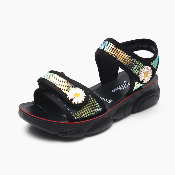 Ikdienas sandales ar spīdīgu efektu un ziedu