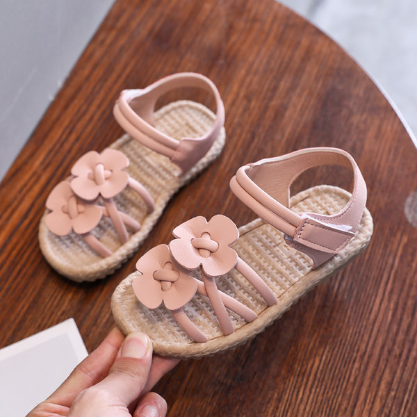 Bērnu sandales ar ziediem rozā un bēšā krāsā