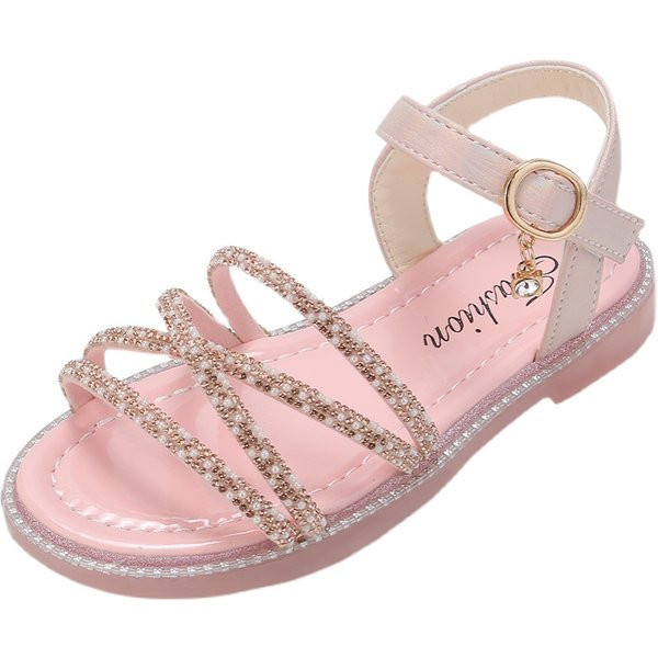 Bērnu sandales ar spīdīgu efektu un sprādzi divās krāsās