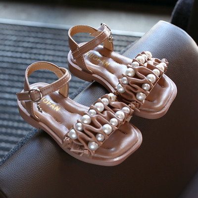 Детски квадратни сандали с  велкро закопчаване и перли