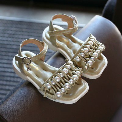 Детски квадратни сандали с  велкро закопчаване и перли