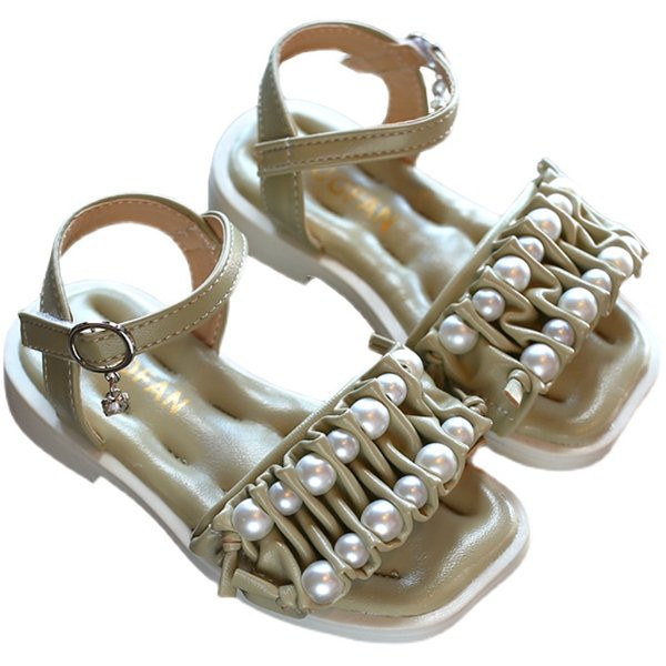 Детски квадратни сандали с  велкро закопчаване и перли