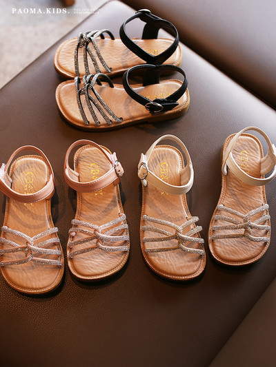 Ежедневни сандали с велкро закопчаване и камъни за момичета 