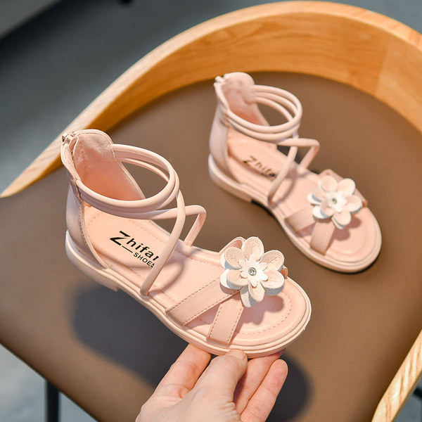 Кожени сандали с 3D цвете и цип