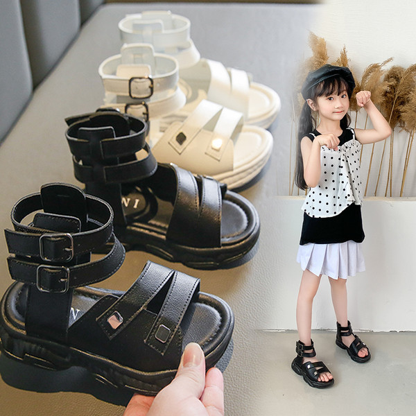 Детски кожени сандали с катарама в бял и черен цвят 