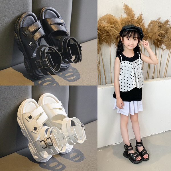 Детски кожени сандали с катарама в бял и черен цвят 