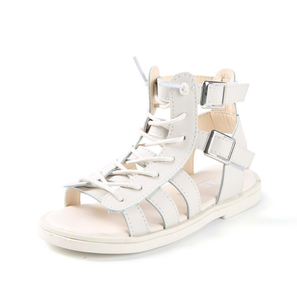 Детски кожени сандали с връзки в бял и черен цвят 