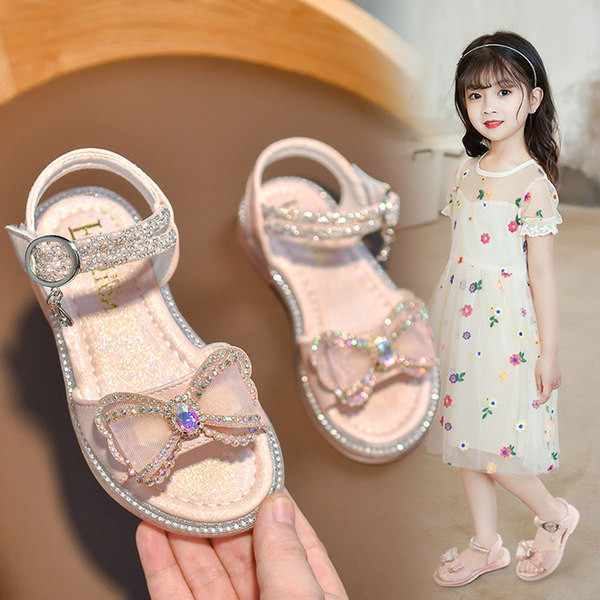 Детски сандали за момичета с камъни и панделка