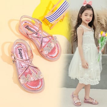 Μοντέρνα  παιδικά σανδάλια για κορίτσια από γυαλιστερό δέρμα και πέρλες
