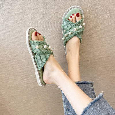 Modernas sieviešu čības ar pērlēm un plakanu zoli trīs krāsās