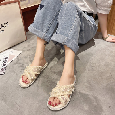 Modernas sieviešu čības ar pērlēm un plakanu zoli trīs krāsās