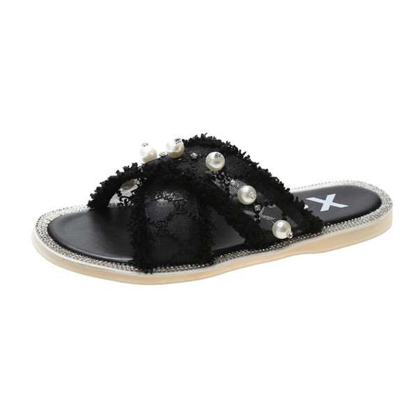 Modernas sieviešu čības ar pērlēm un plakanu zoli trīs krāsās