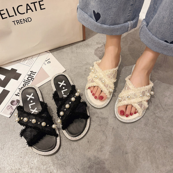 Modernas sieviešu čības ar pērlēm un plakanu zoli trīs krāsās