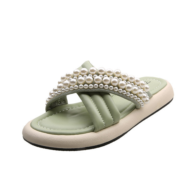 Ikdienas sieviešu čības ar pērlēm un plakanu zoli baltā un zaļā krāsā