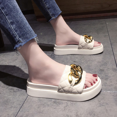 Papuci casual de dama cu curea de piele si lant metalic