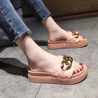 Papuci casual de dama cu curea de piele si lant metalic