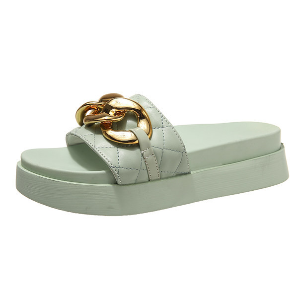 Papuci casual de dama cu curea de piele si lant metalic