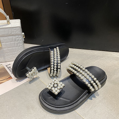 Παντόφλες casual γυναικείες  με πέρλες και επίπεδη σόλα