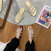 Ikdienas sieviešu čības ar pērlēm un plakanu zoli - trīs krāsas