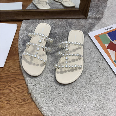 Ikdienas sieviešu čības ar pērlēm un plakanu zoli - trīs krāsas