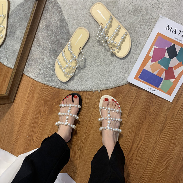 Ikdienas sieviešu čības ar pērlēm un plakanu zoli - trīs krāsas