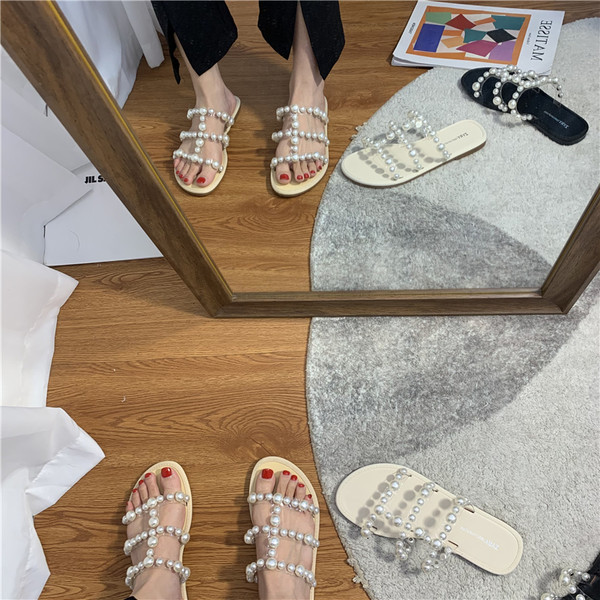 Ikdienas sieviešu čības ar pērlēm un plakanu zoli - trīs krāsas