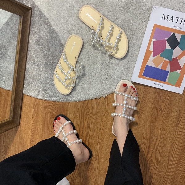 Ikdienas sieviešu čības ar pērlēm un plakanu zoli - trīs krāsas