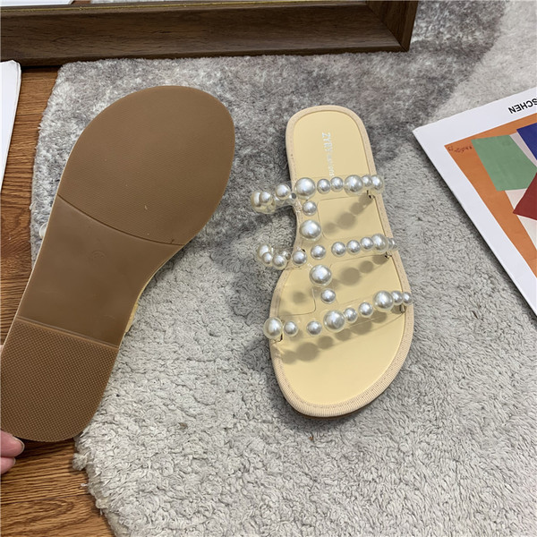 Ikdienas sieviešu čības ar pērlēm un plakanu zoli - trīs krāsas