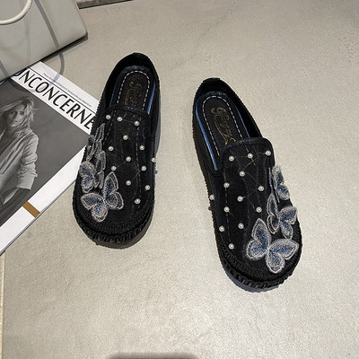 Papuci casual dama cu talpa plata si decor broderie