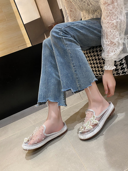 Papuci casual dama cu talpa plata si decor broderie