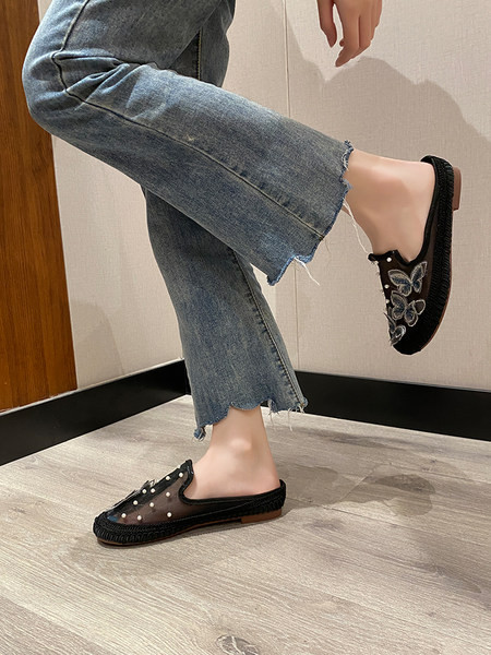 Papuci casual dama cu talpa plata si decor broderie