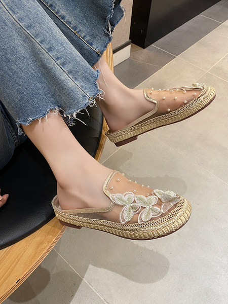 Papuci casual dama cu talpa plata si decor broderie