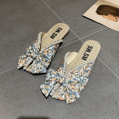 Γυναικείες χρωματιστές παντόφλες με κορδέλα και πέρλες