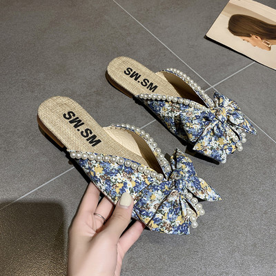 Γυναικείες χρωματιστές παντόφλες με κορδέλα και πέρλες