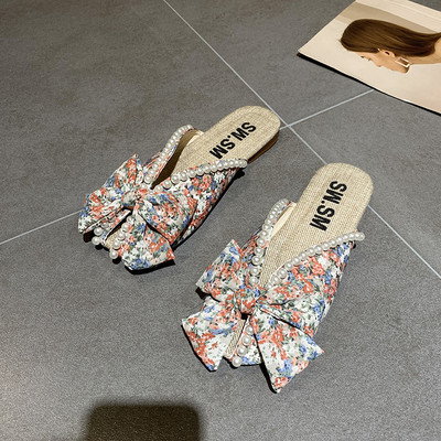 Γυναικείες χρωματιστές παντόφλες με κορδέλα και πέρλες