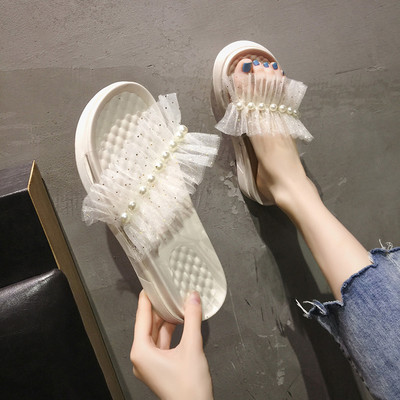 Παντόφλες casual γυναικείες με τούλι και πέρλες