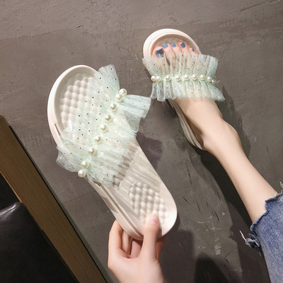 Παντόφλες casual γυναικείες με τούλι και πέρλες