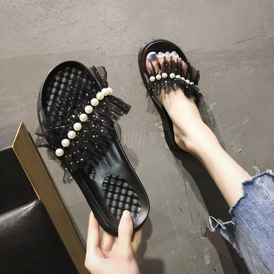 Παντόφλες casual γυναικείες με τούλι και πέρλες