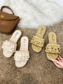 Ikdienas sieviešu čības ar plakanu zoli un pērlēm - eko āda