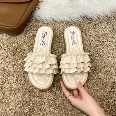 Ikdienas sieviešu čības ar plakanu zoli un pērlēm - eko āda