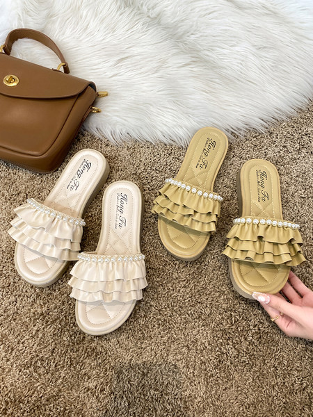 Ikdienas sieviešu čības ar plakanu zoli un pērlēm - eko āda