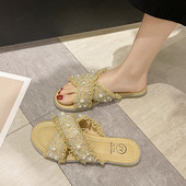 Jauna modeļa vasaras tekstila čības ar pērlēm