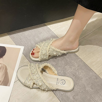 Jauna modeļa vasaras tekstila čības ar pērlēm