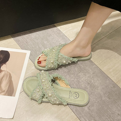 Jauna modeļa vasaras tekstila čības ar pērlēm