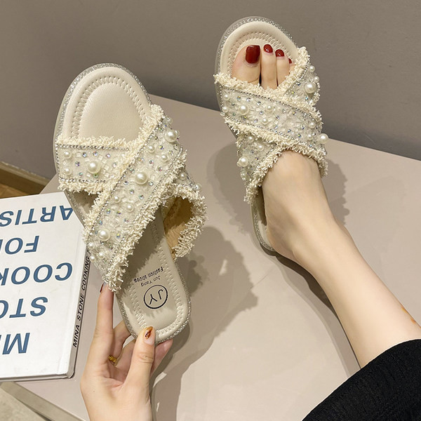 Jauna modeļa vasaras tekstila čības ar pērlēm