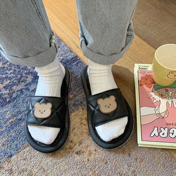 Ikdienas sieviešu čības ar lācīti melnā un bēšā krāsā