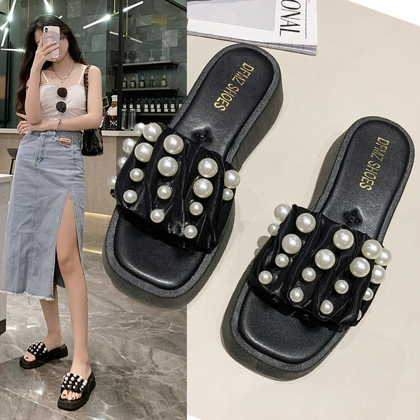 Jauns sieviešu čību modelis ar pērlēm un platformu 4 cm