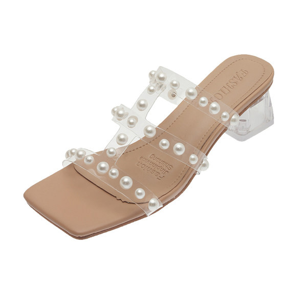 Jauns sieviešu čību modelis ar pērlēm un caurspīdīgu papēdi