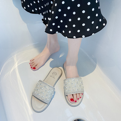 Modernas sieviešu neslīdošās čības ar pērlēm un plakanu zoli