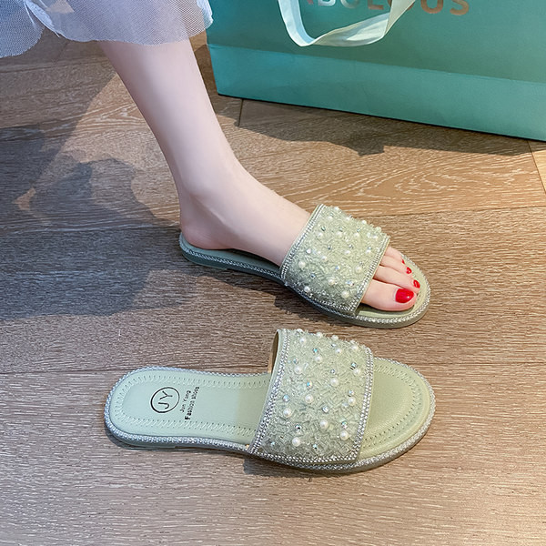 Modernas sieviešu neslīdošās čības ar pērlēm un plakanu zoli